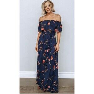 Baltic Born Marion Maxi Dress Off the Shoulder Floral Print Blue Size Small